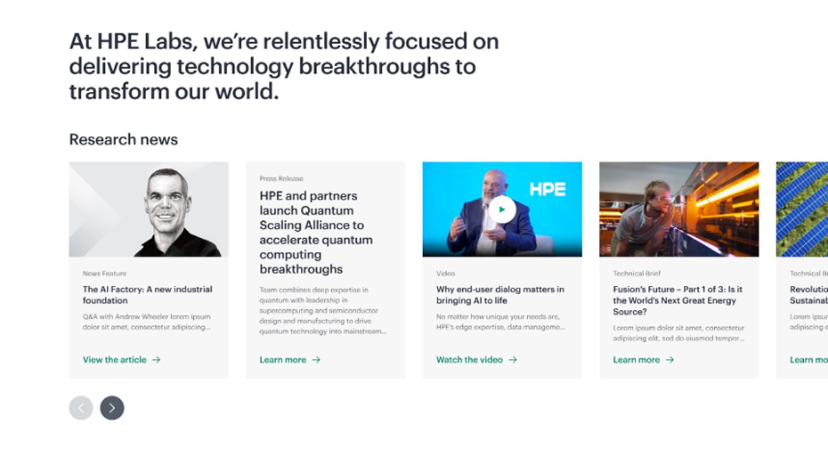HPE Labs home web page screenshot of news carousel