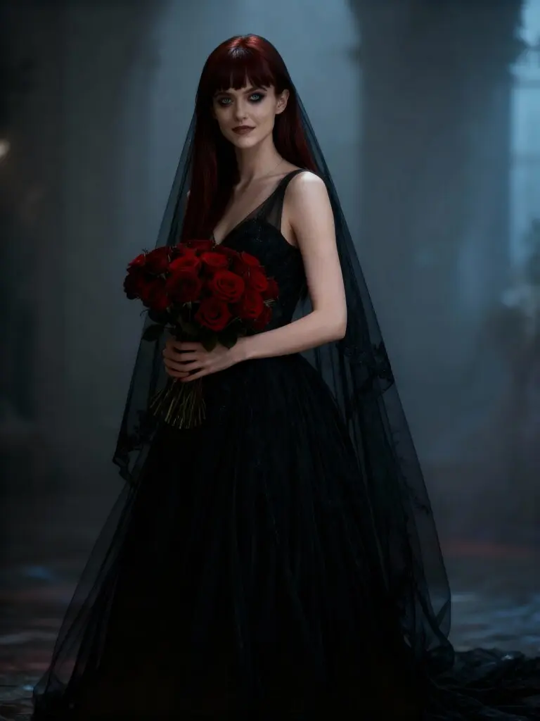 Woman in black wedding gown, veil, holding red roses, Seedream 4.0 Free.