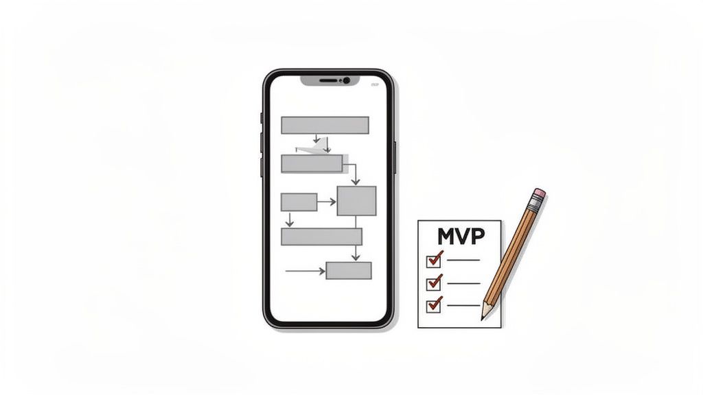 A smartphone displaying a flowchart diagram next to a paper labeled MVP with a checklist and a pencil.