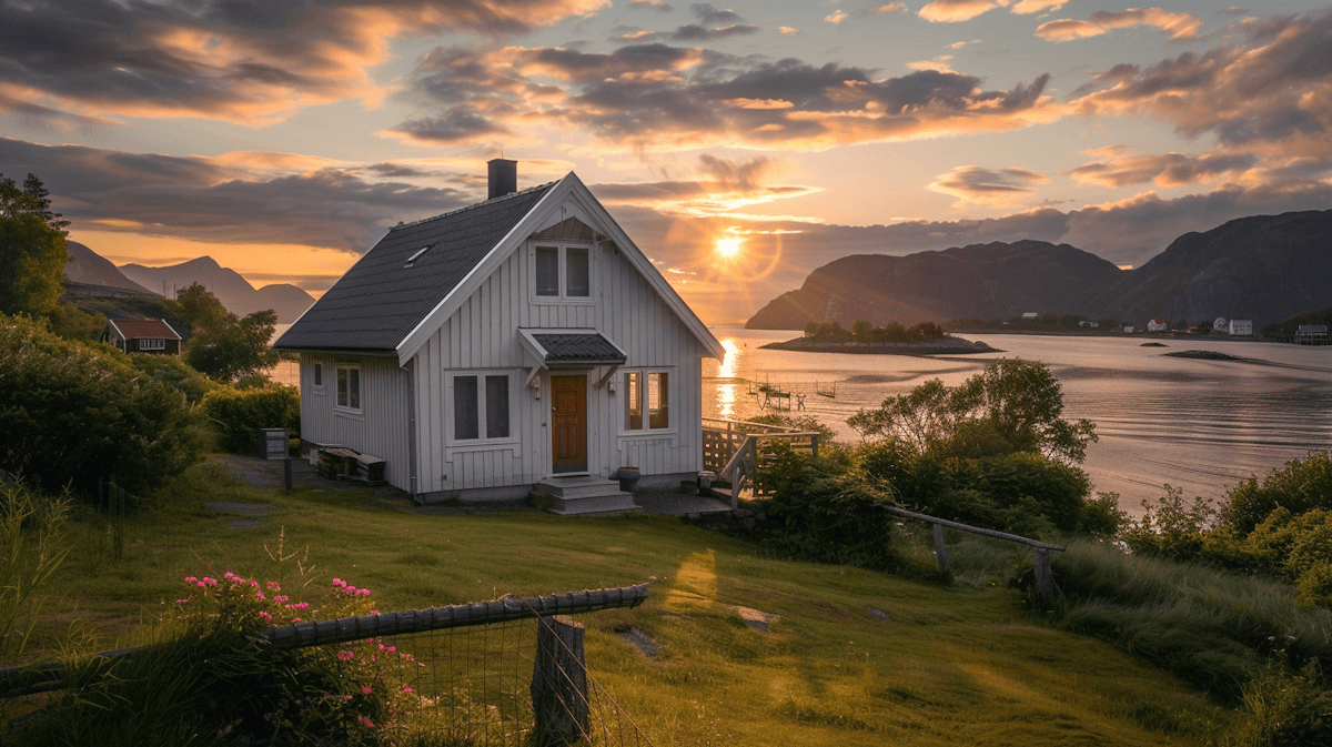 A serene sunset over a tranquil lake with a cozy white house in the foreground. Mountains and fluffy clouds enhance the peaceful, warm scene.