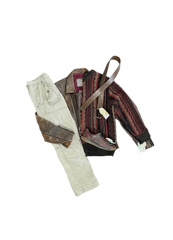 An arrangement of casual clothing: leather jacket, pants, belt, and shoe.