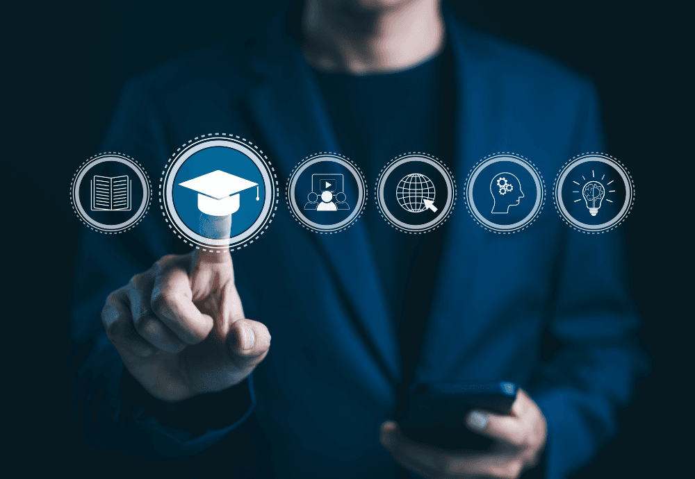 Corprate workplace elearning concept with touchscreen AR