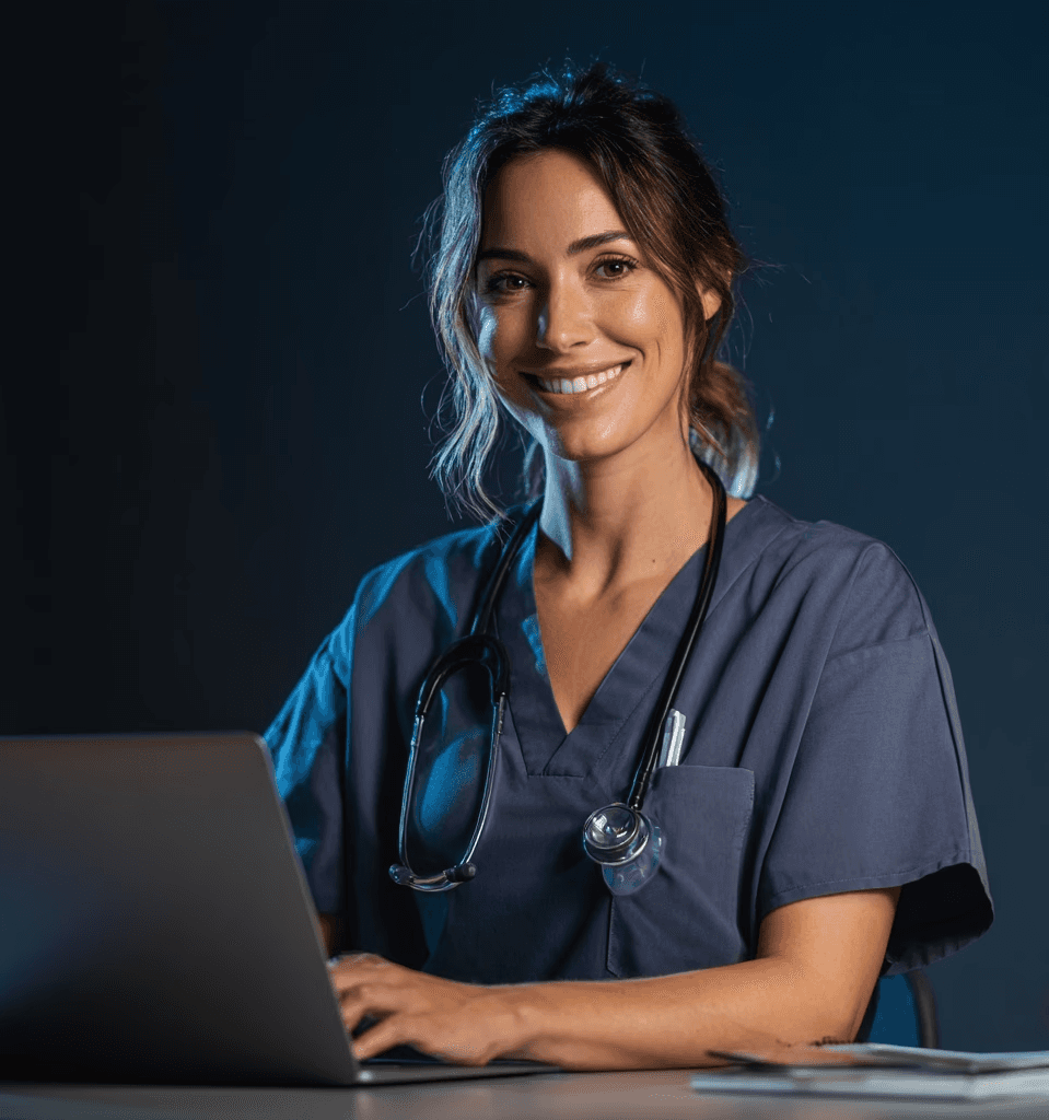 A young person with curly hair smiles at the camera while sitting in front of a laptop against a dark background.