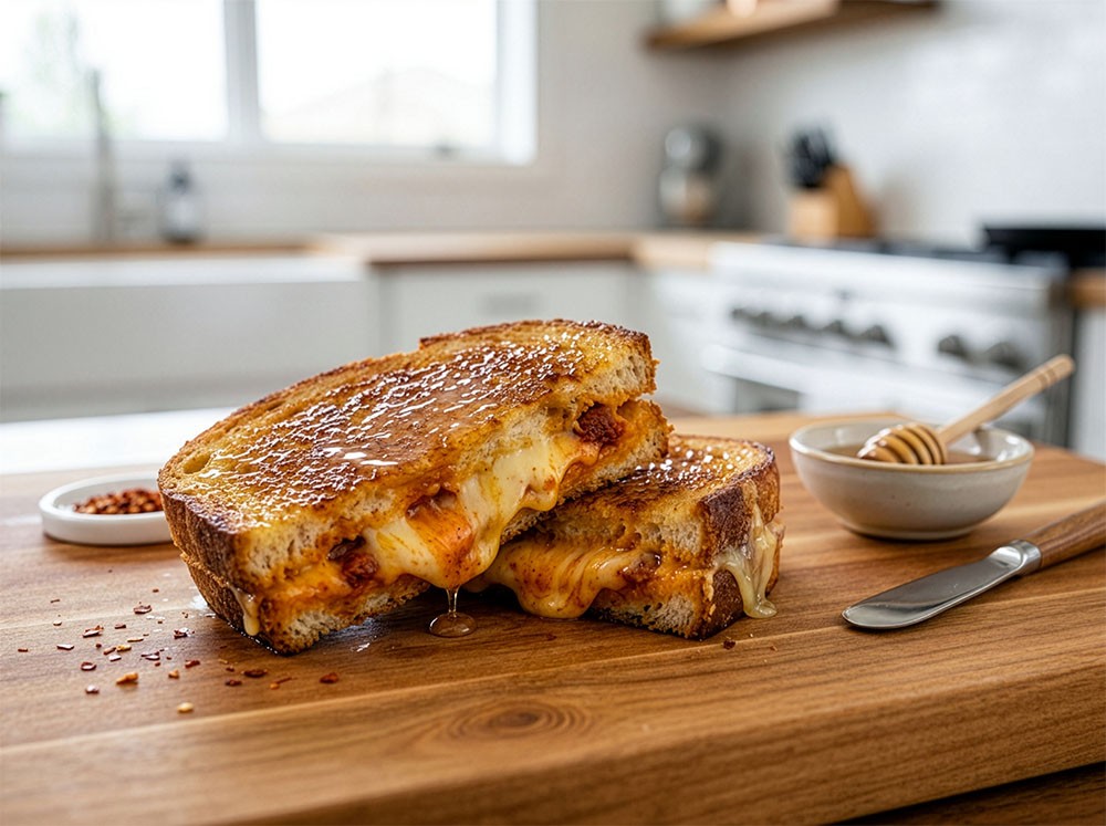 A delicious 'nduja grilled cheese with honey butter on sourdough using Porcellino Artisanal Meats 'nduja salami.