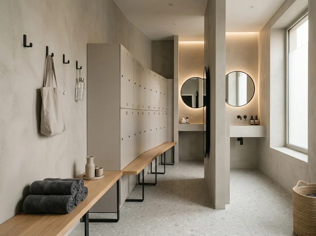 modern changing rooms with lockers benches and mirros