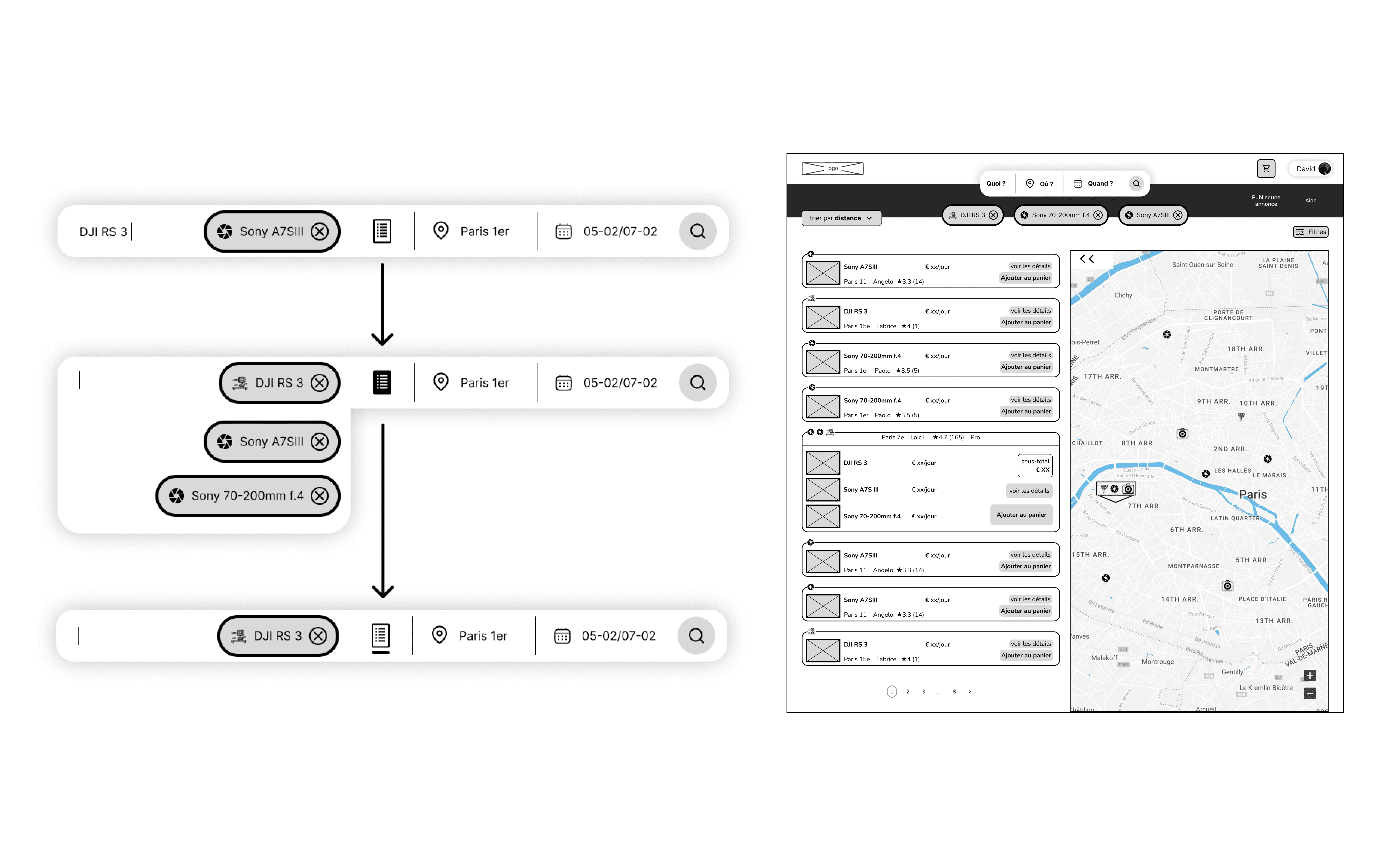 Démonstrations à gauche en basse fidélité du fonctionnement de la nouvelle barre de recherche (liste) et à droite de la nouvelle page des résultats.