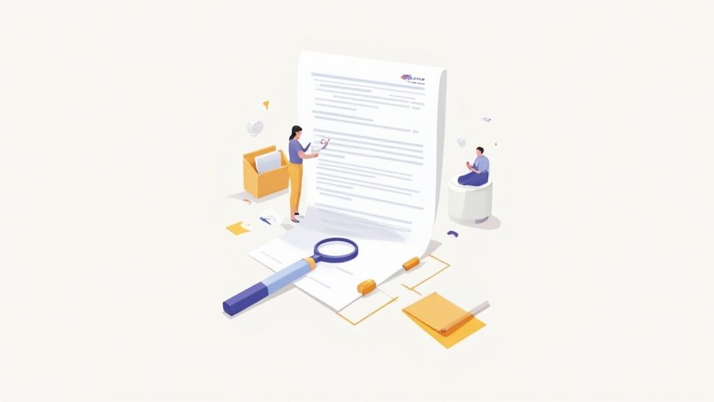 Two people reviewing a large document with a magnifying glass, folder, and scattered papers, symbolizing detailed analysis.