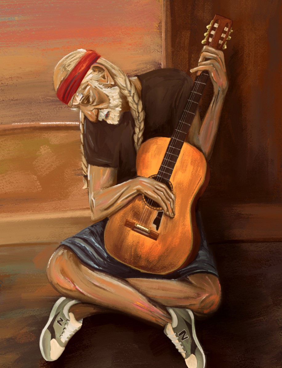 Texas Music Magazine cover featuring digital painted portrait of Willie Nelson with guitar in warm color palette inspired by Picasso