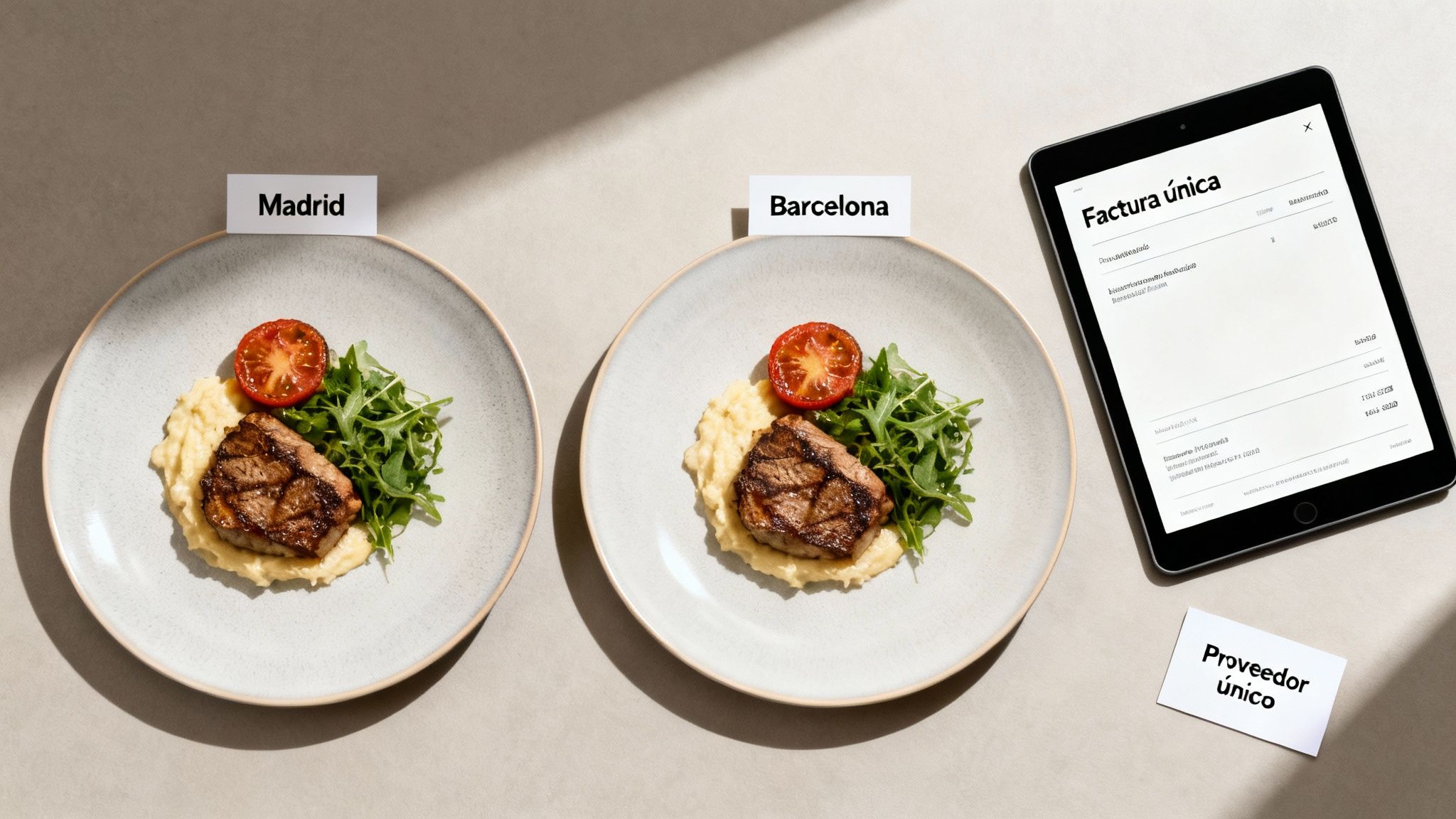 Dos platos idénticos para Madrid y Barcelona, con una factura y proveedor únicos en una tablet, simbolizando gestión unificada.