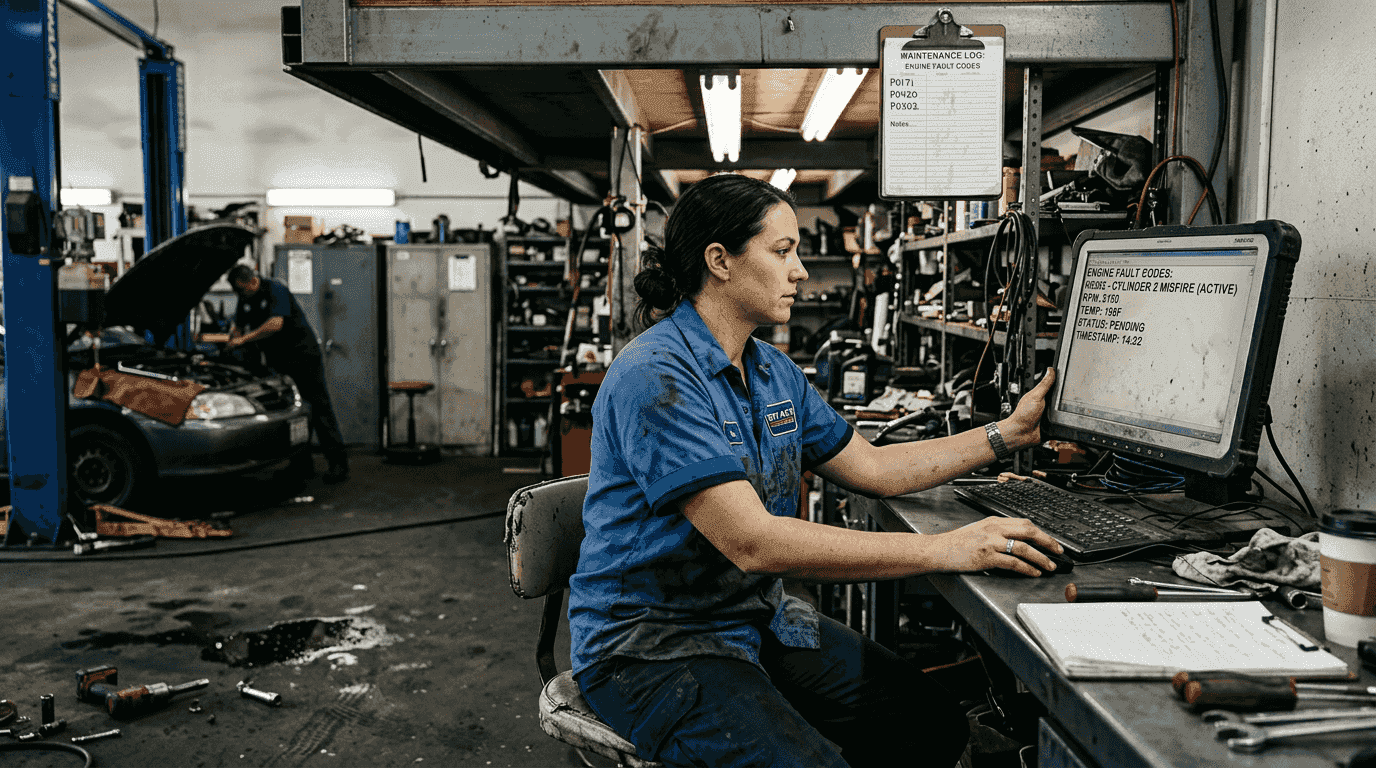 Technician checking fleet maintenance sensor readings