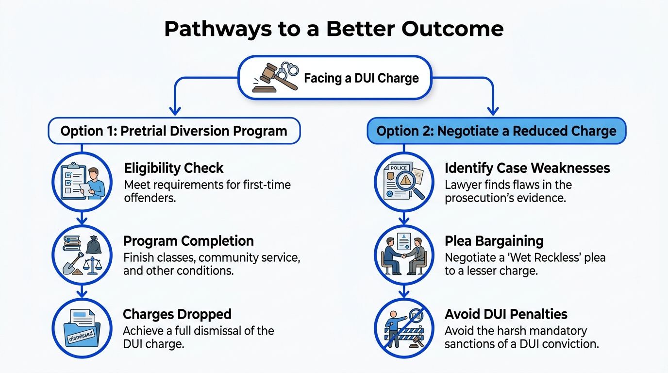 Flowchart showing two legal pathways for handling a DUI charge: Pretrial Diversion Programs and Plea Bargaining.