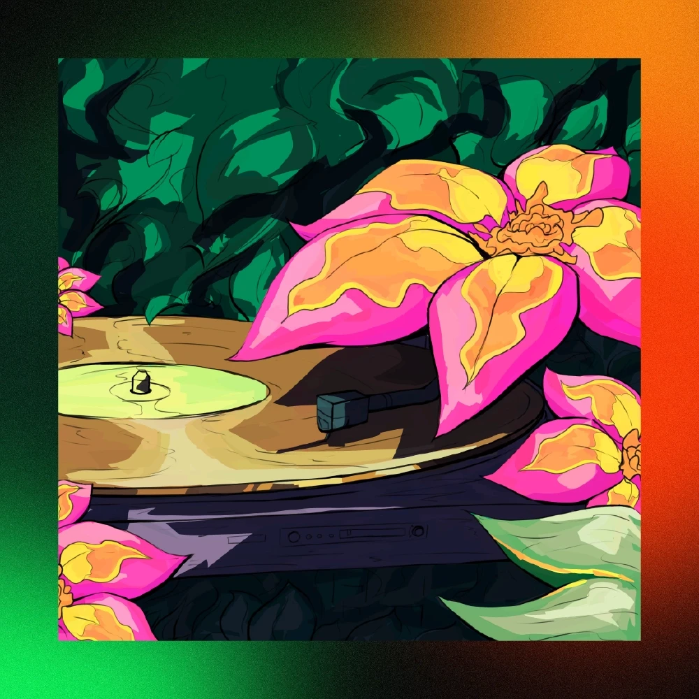 Stylized artwork featuring a record player nestled among jungle-like vegetation. Large, vibrant pink and yellow flowers, and dark green leaves surround the music player.