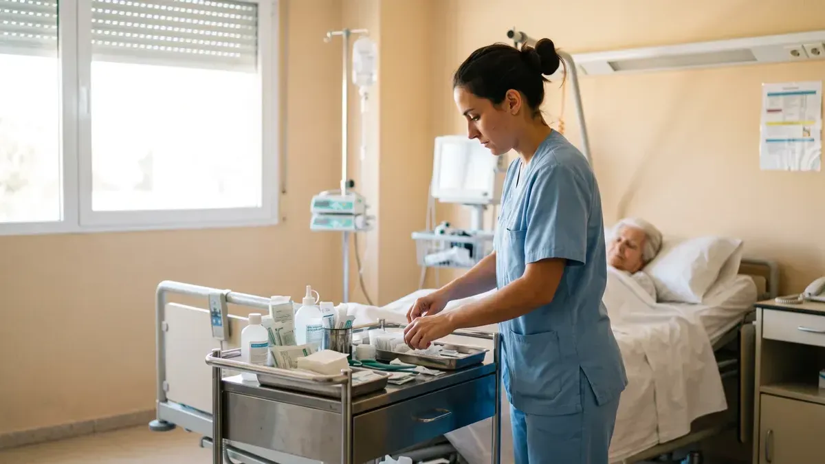 Auxiliar de enfermería con uniforme azul prepara material sobre un carro junto a la cama de una paciente en una habitación de hospital