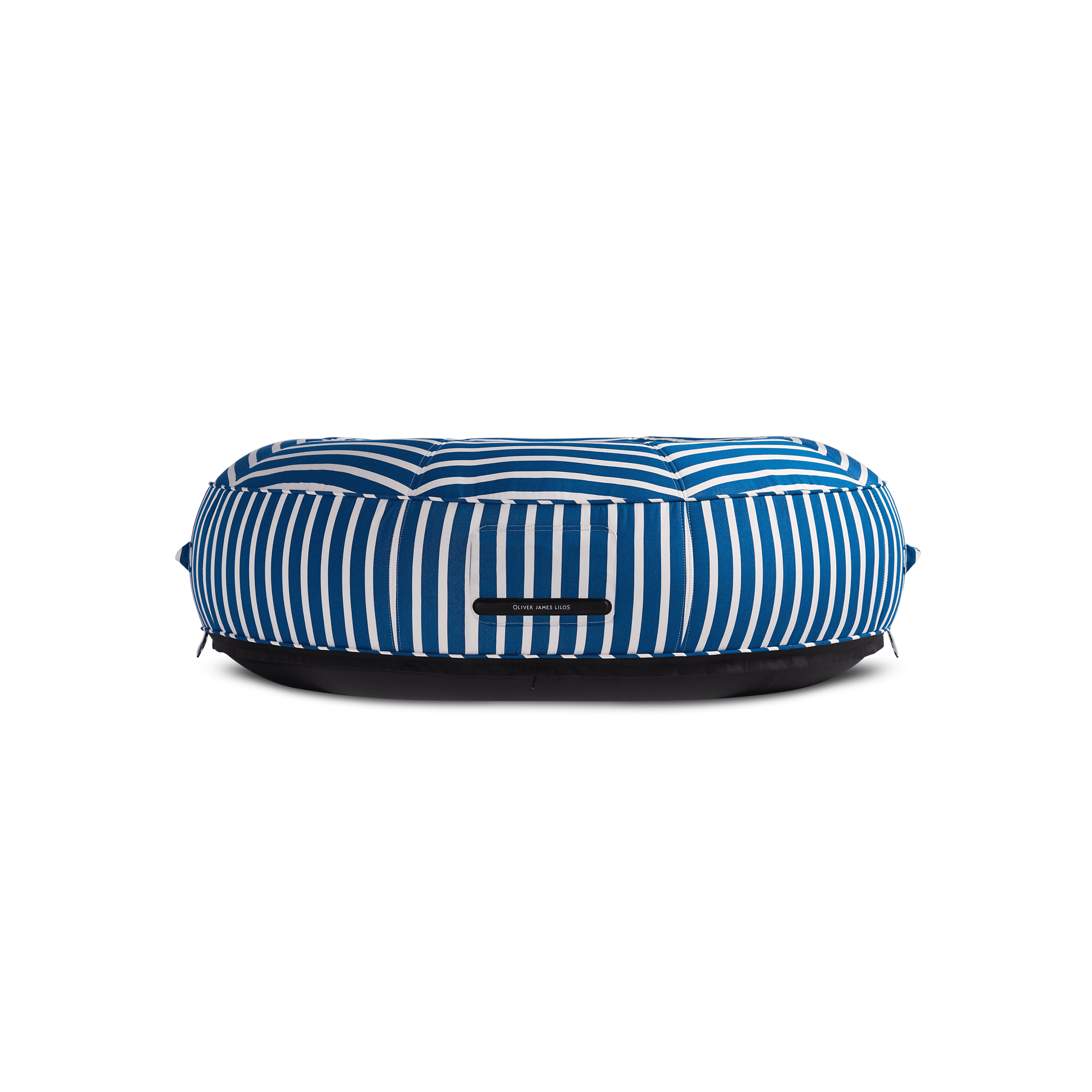 Ring pool float showing blue-and-white striped symmetry, quilted canvas panels, and jet-black base