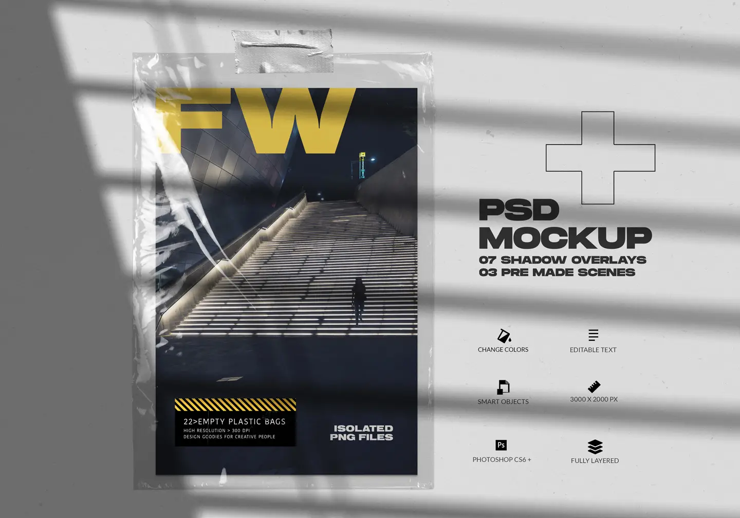 Isolated Empty Plastic Bags Photoshop mockup featuring realistic shadow overlays and editable poster design scene