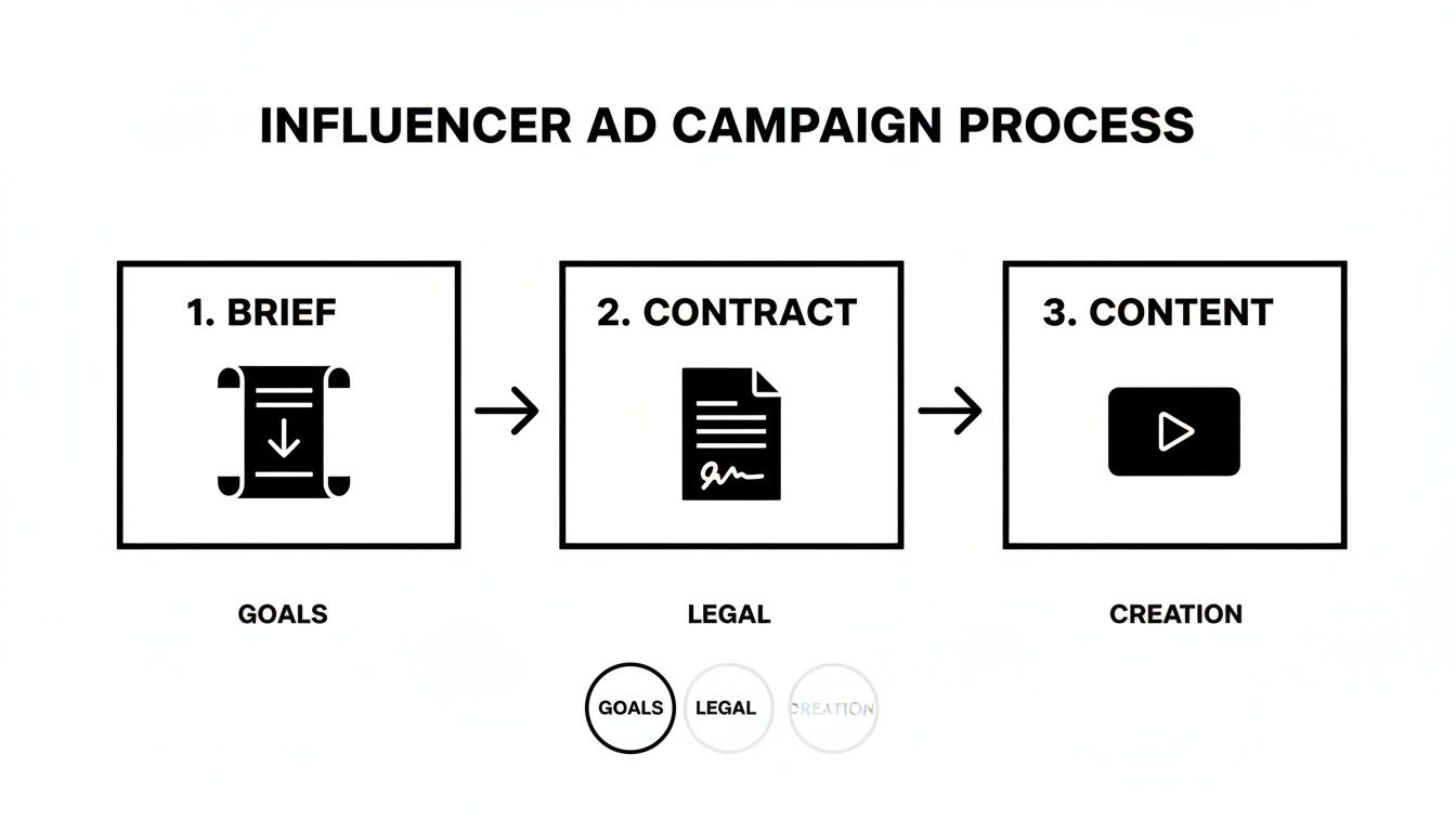 A diagram outlining the three-step influencer ad campaign process: brief, contract, and content creation.