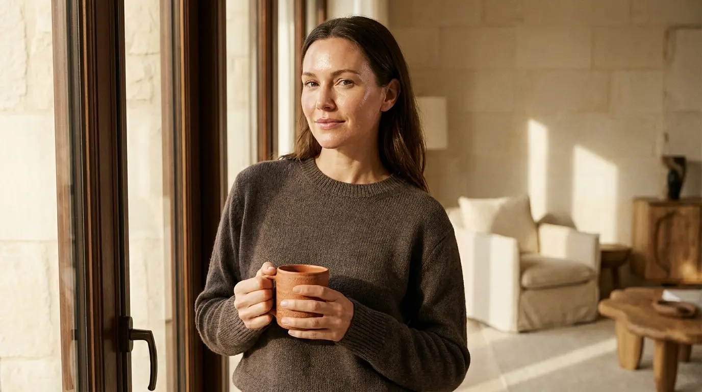 A woman with even, luminous skin in warm morning light, holding a terracotta mug, looking calm and confident