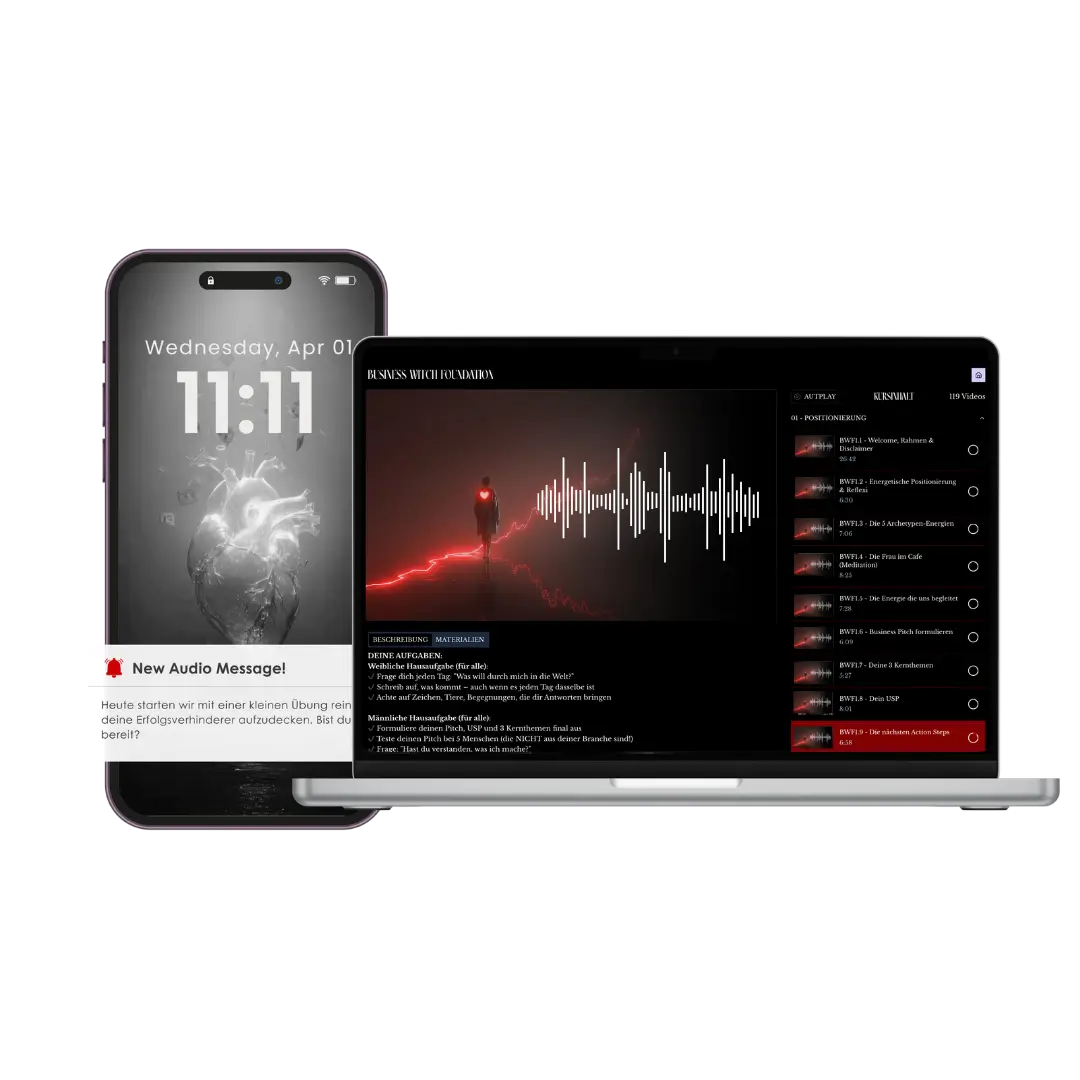 Produkt Mockup aus Laptop und Materialien zum Codes of Business & Sucess Workshop und dem Bundle mit der Analyse, dargestellt an einem weiteren Mock-Up aus Beispielseiten aus der Auswertung