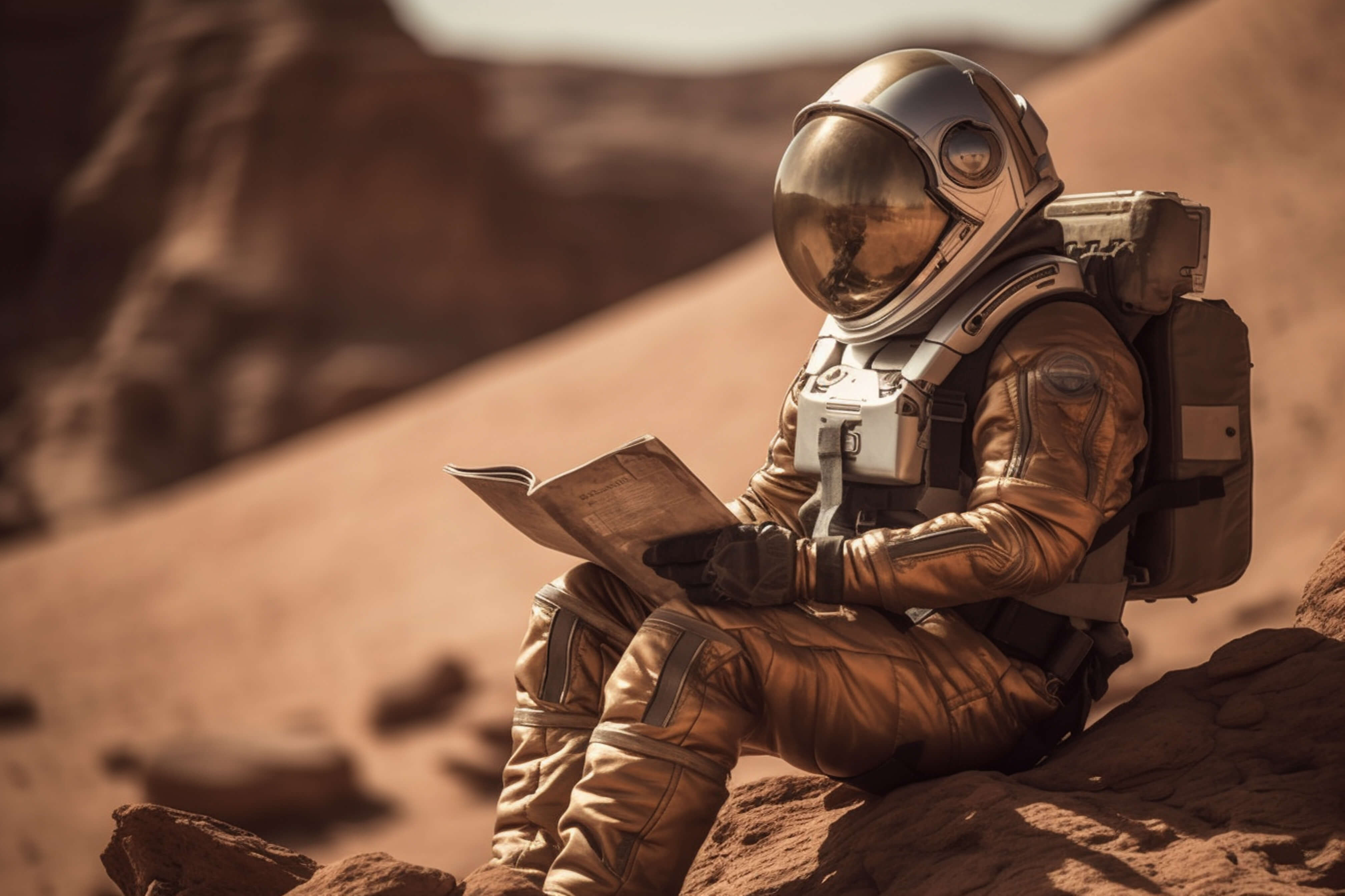 An astronaut sat reading a book in a dry desert terrain