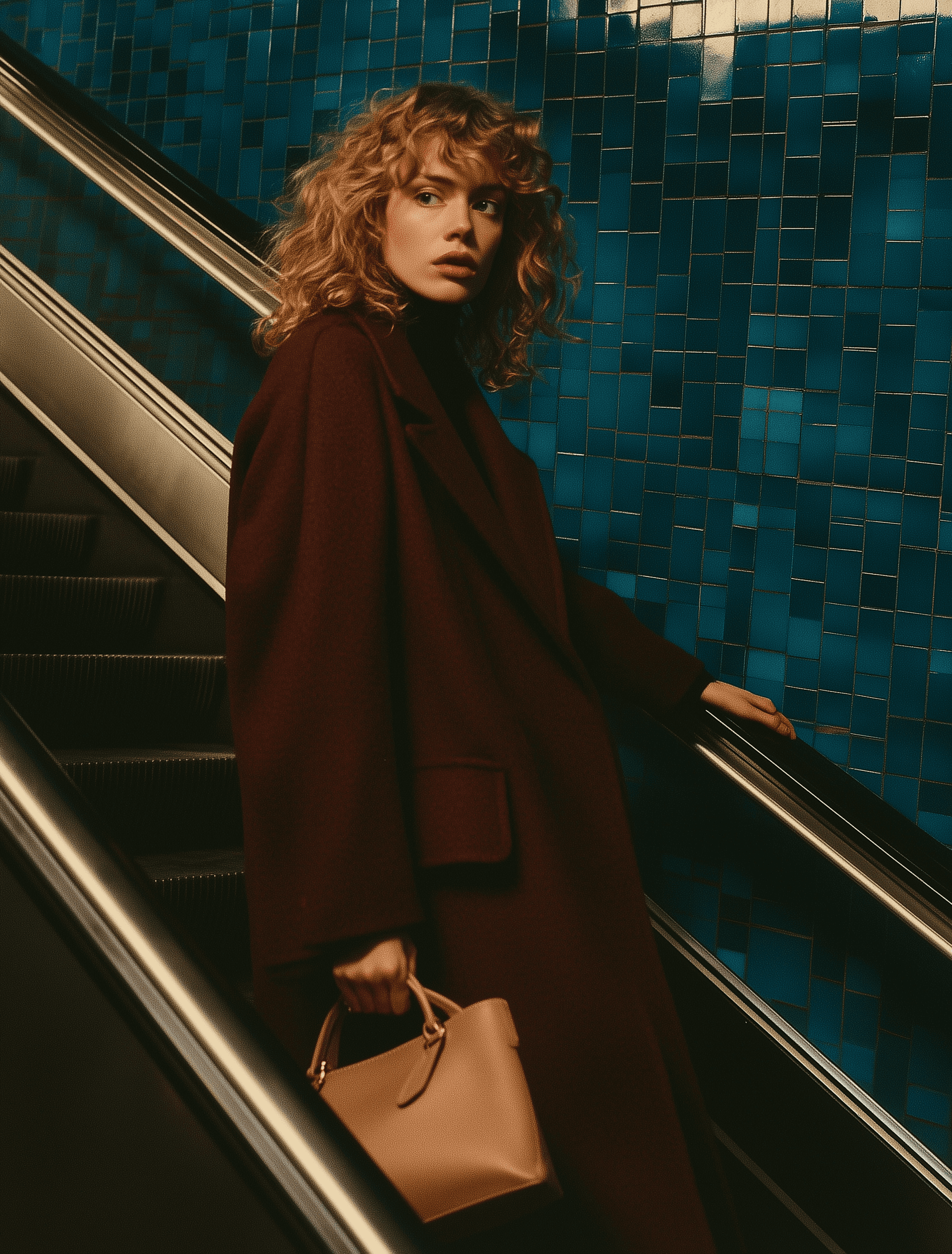 A woman with curly blonde hair in her late thirties, wearing an oversized dark red coat and holding a light brown leather handbag, is riding up the side of an escalator. The background wall behind her has blue square tiles, in the style of Saul Leiter and Edward Hopper.