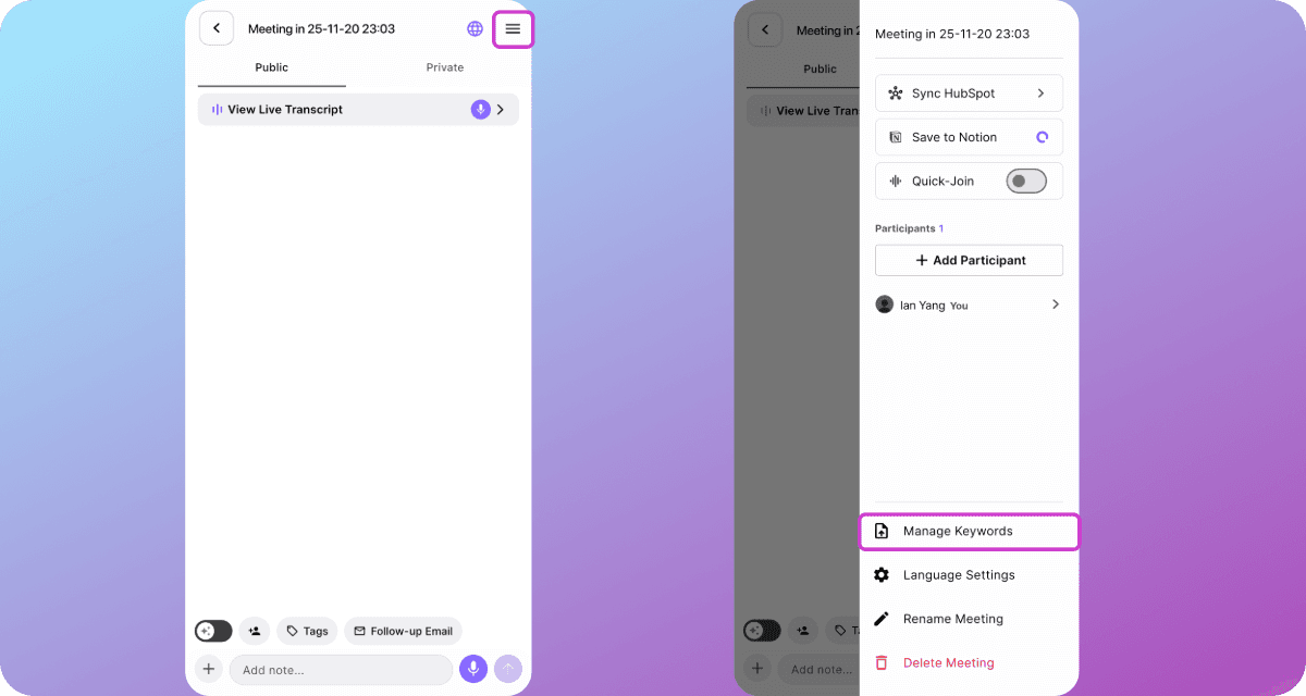Side menu opened from a meeting, with Manage Keywords highlighted.