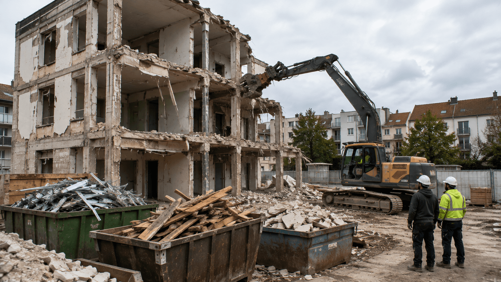 Déconstruction progressive d’un bâtiment avec pelle mécanique et tri des matériaux
