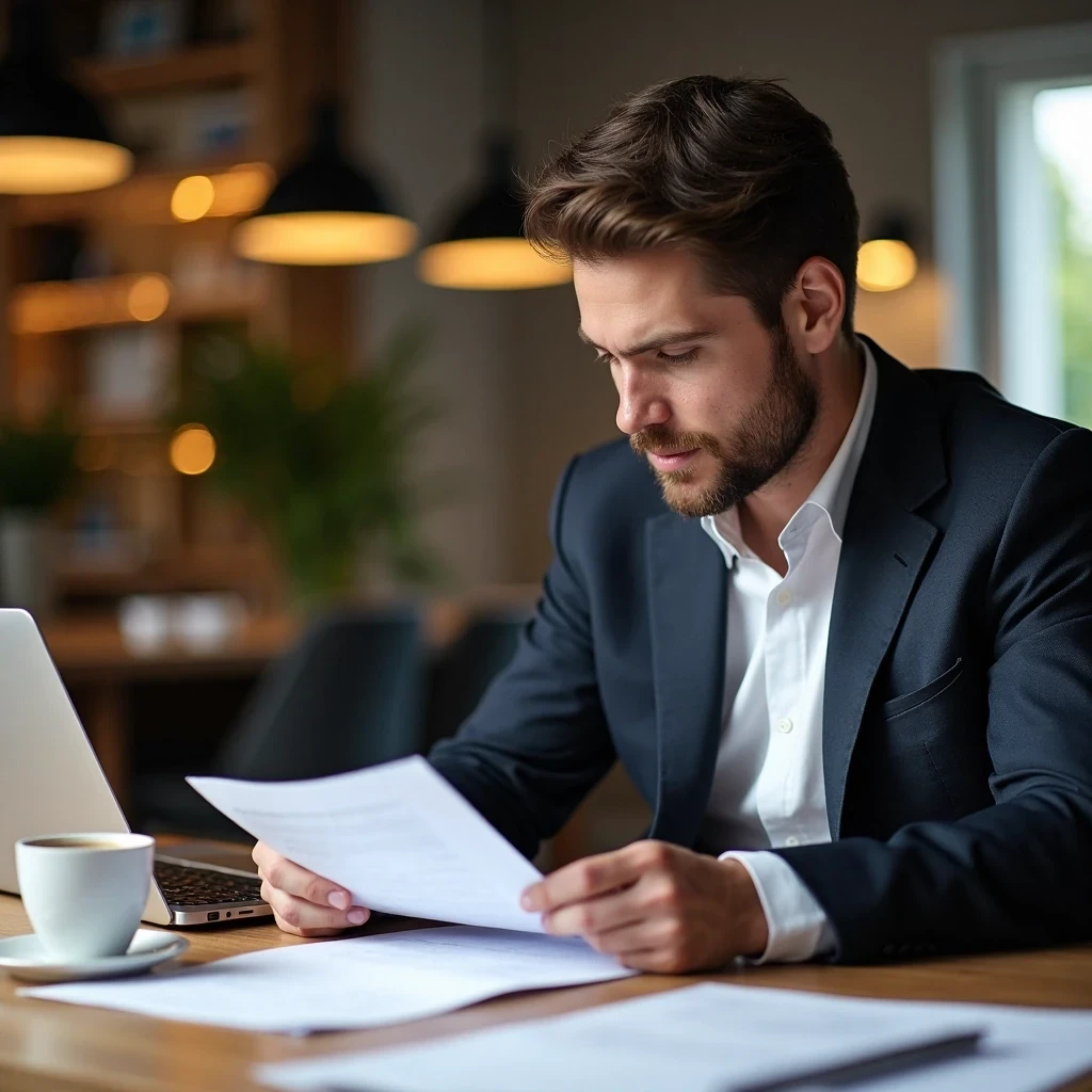 Un professionnel observe des feuilles en silence, ambiance de réflexion.