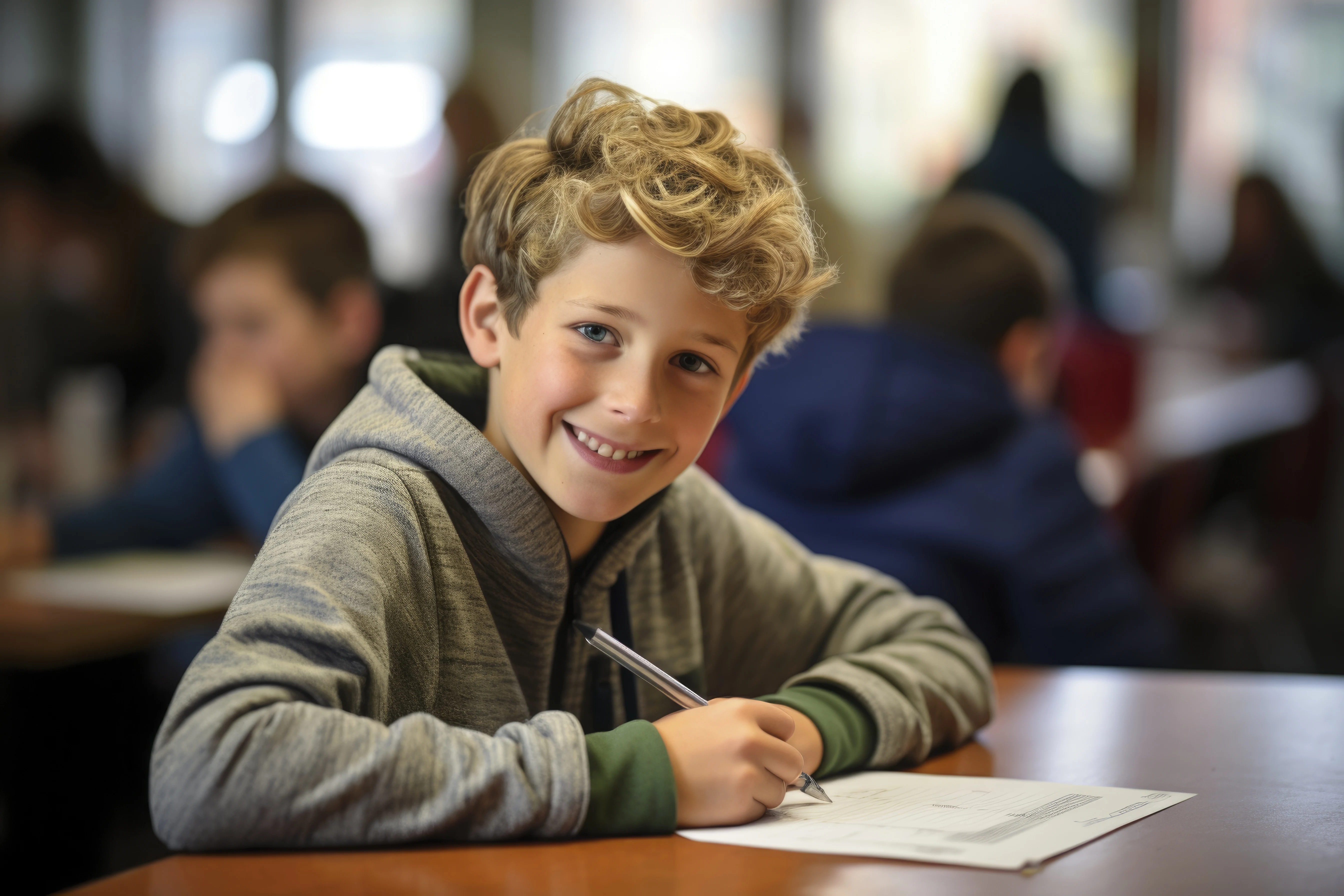 Smiling student writing in notebook during class with other students in background