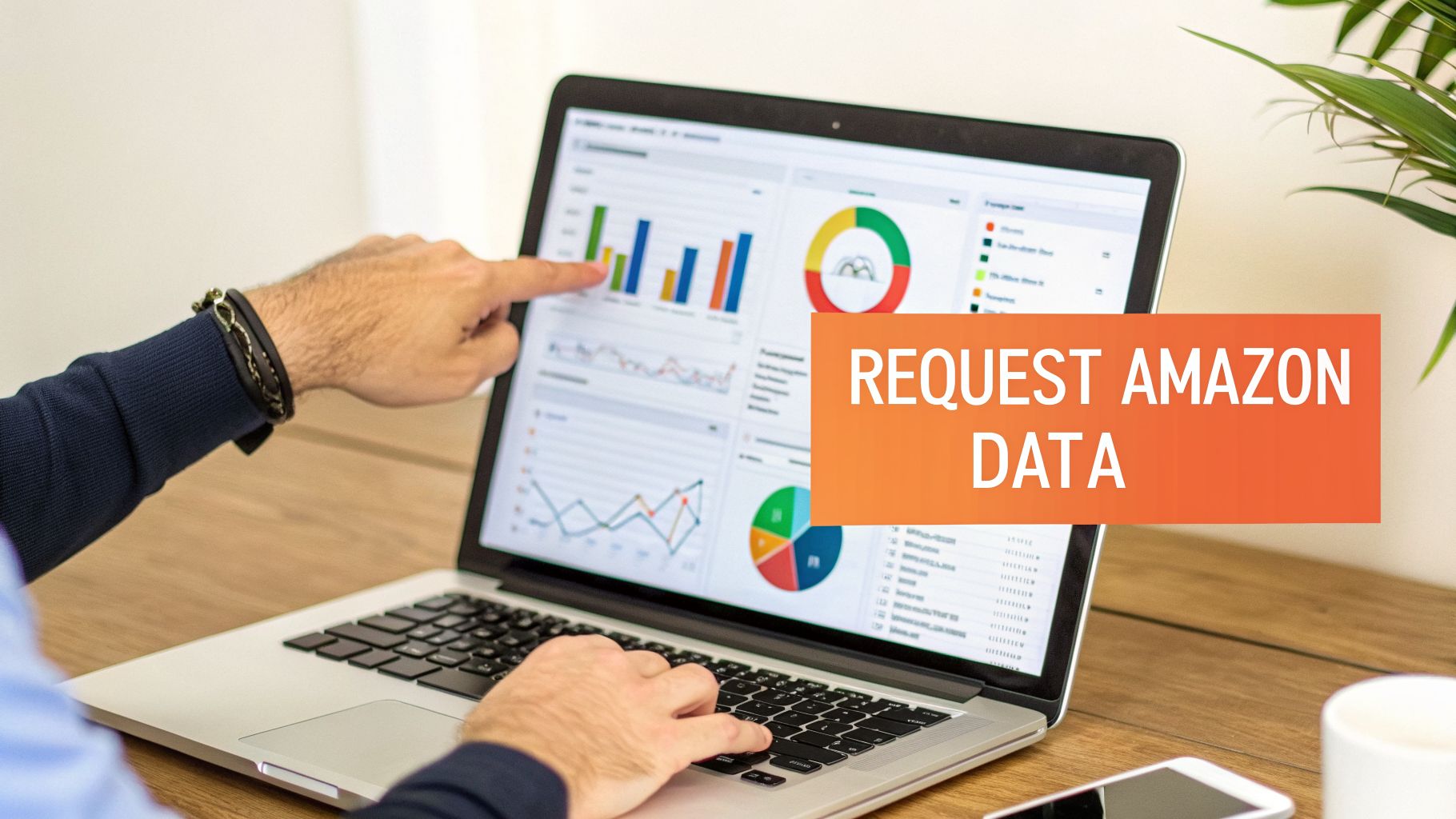 A person's hands pointing at a laptop screen displaying charts and graphs, with 'REQUEST AMAZON DATA' overlay.