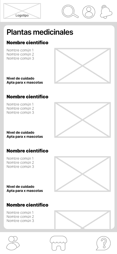 Wireframes de baja fidelidad de las pantallas principales de la app de jardinería