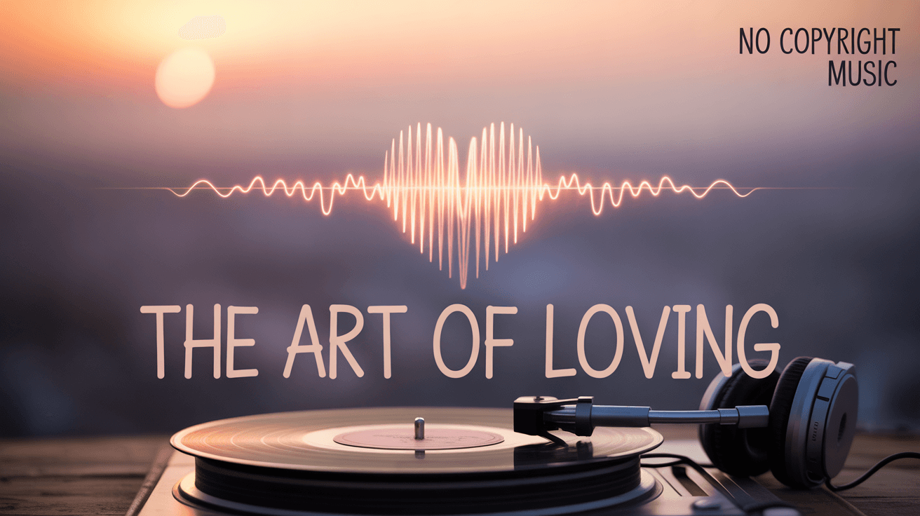 Glowing soundwave heart over vinyl and headphones with The Art of Loving text