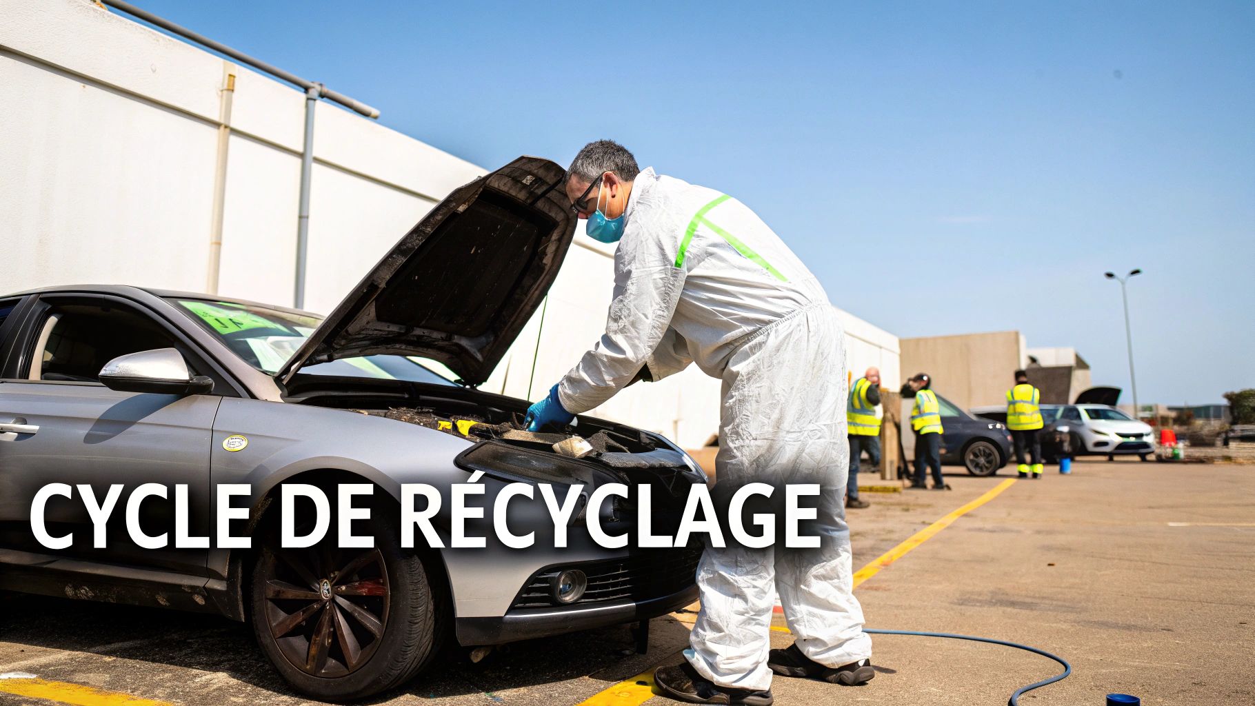 Un technicien en combinaison protège les composants d'une voiture dans un centre de recyclage automobile.