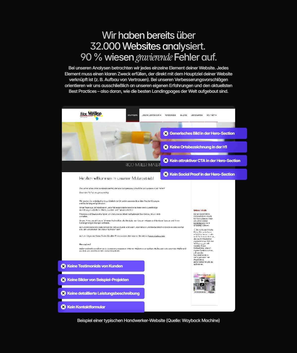 eine sektion, in der ein schmerzpunkt des Website-besuchers aufgezeigt wird