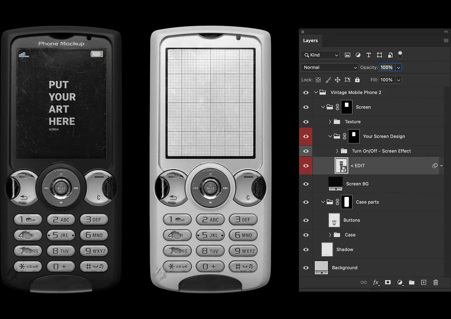 Vintage mobile phone mockup Photoshop smart object editing with layered customization