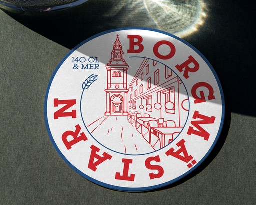 Circular Borgmästarn branded sticker with red and navy illustration — pub brand identity by OUF Design Studio