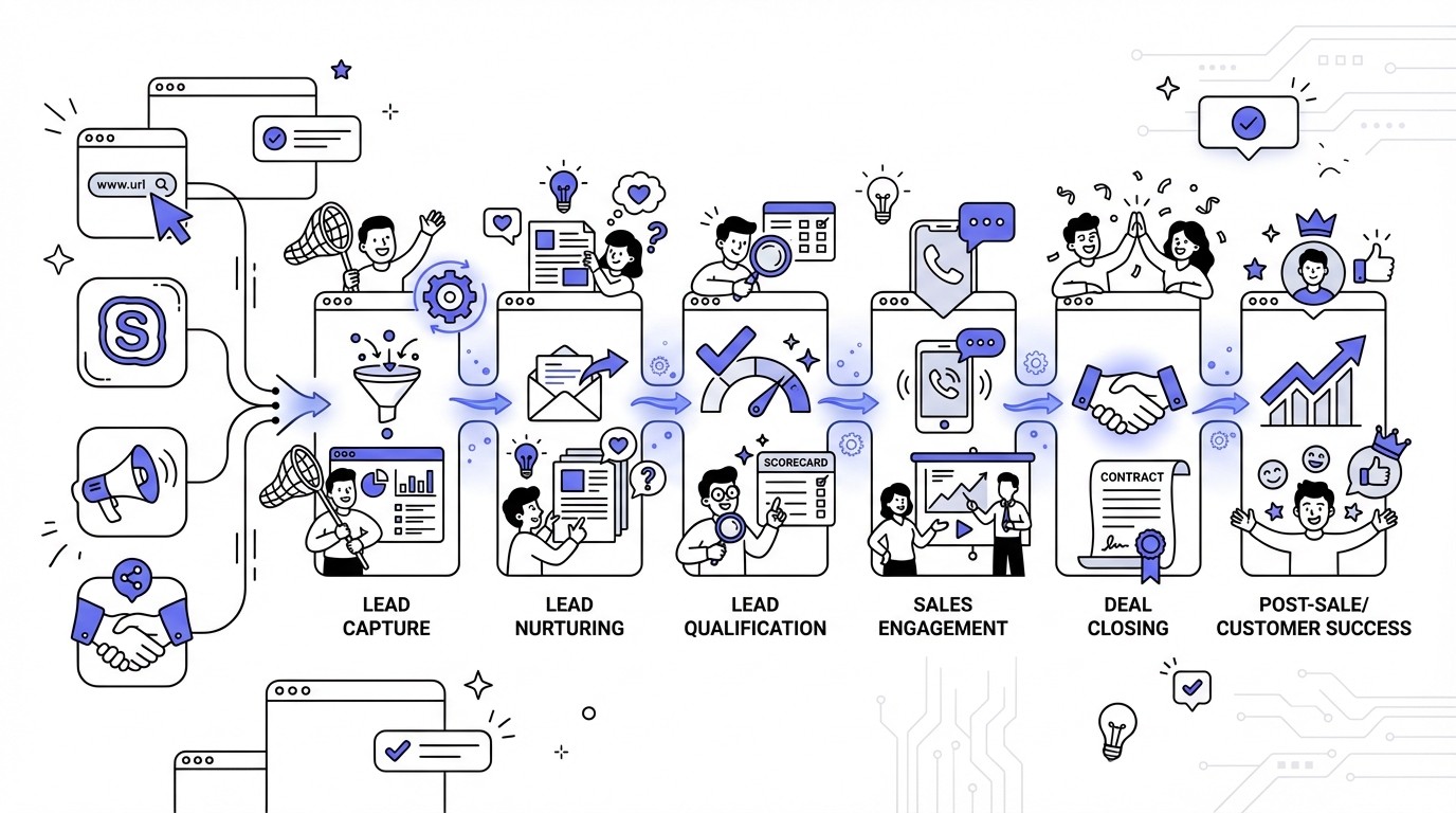 Diagram illustrating an automated sales pipeline. It shows lead generation sources (website, social media, ads, referrals) flowing into stages: Lead Capture, Lead Nurturing, Lead Qualification, Sales Engagement, Deal Closing, and Post-Sale Customer Success. Each stage is represented by a modern icon and connected by glowing lines indicating automated data flow.