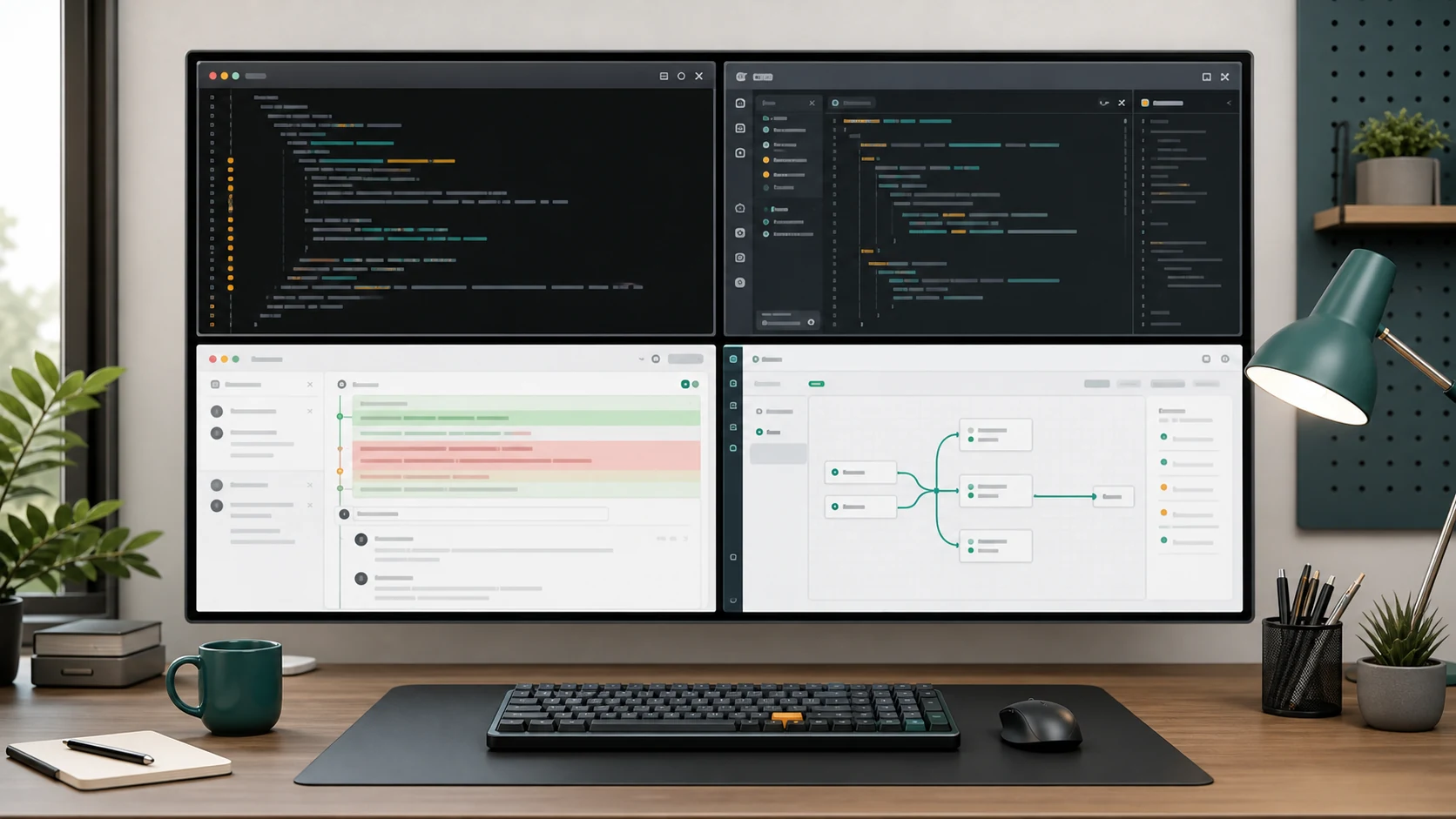 Developer workstation showing terminal, IDE, pull request, and API routing panels for comparing Claude Code alternatives