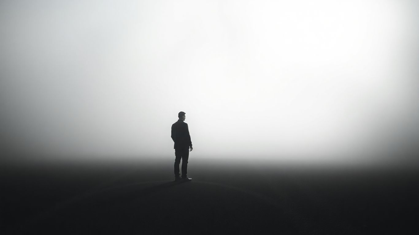Figure at a crossroads, one path misty, one sunny.