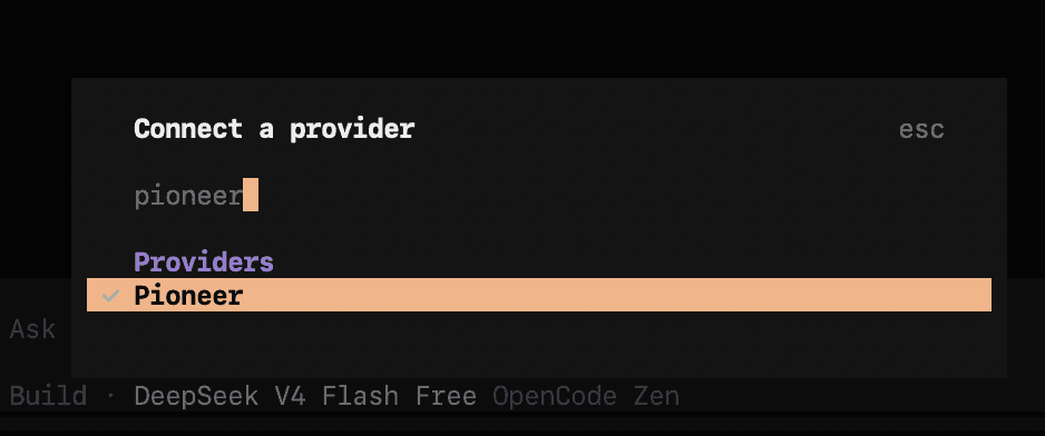simple setup to choose Pioneer (by Fastino Labs) as the main model provider in Opencode