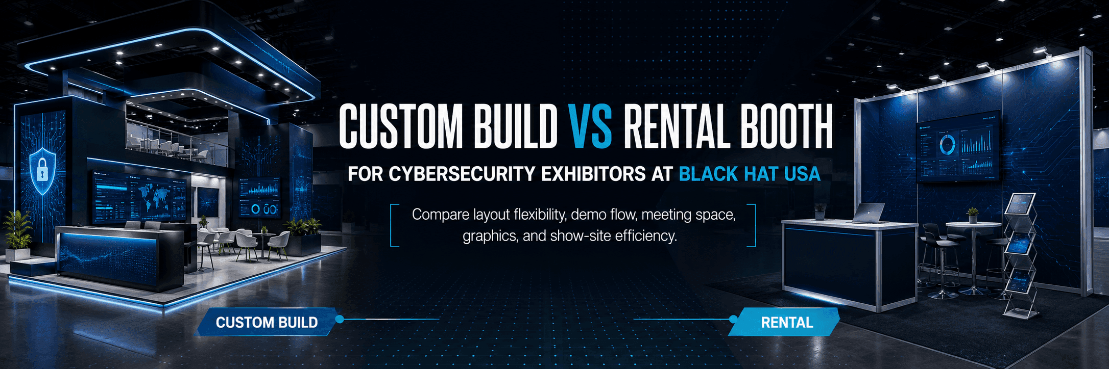 Black Hat USA custom build vs rental booth with cybersecurity product demo workflow, screen-led demos, demo counters, booth graphics, and staff handoff planning