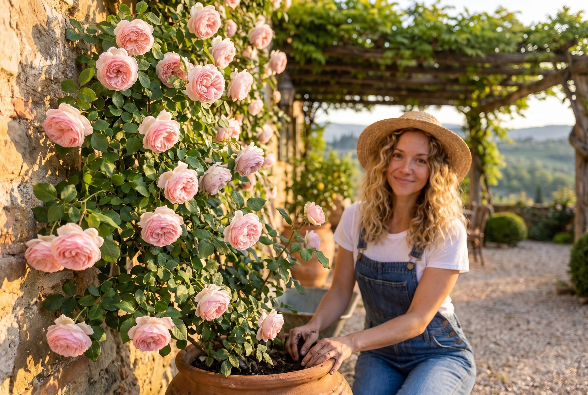 Martina accanto a una rosa rampicante rosa in fiore sul muro del casale