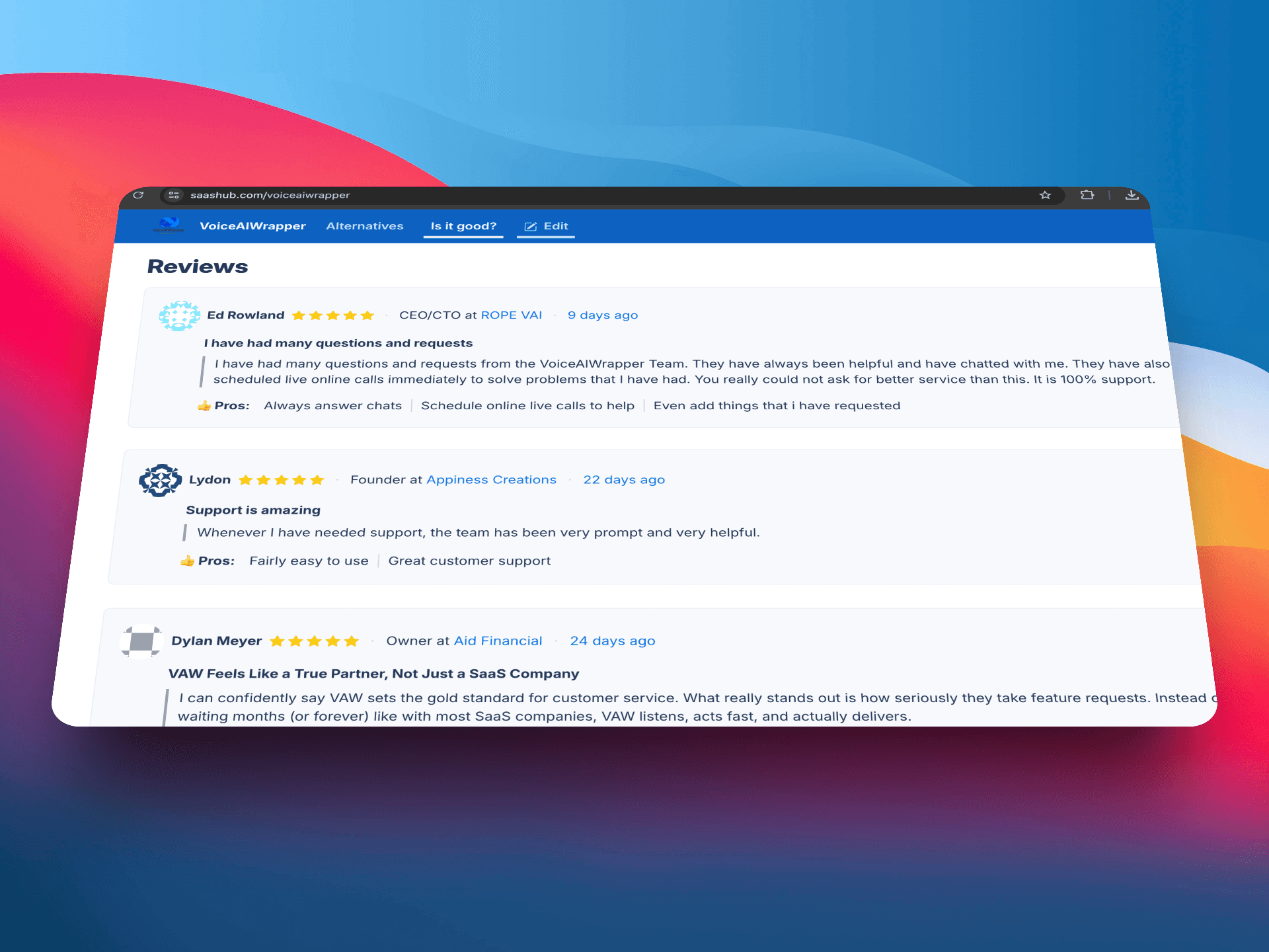 ChatDash alternative - VoiceAIWrapper 5-star customer reviews on SaaSHub showcasing exceptional support, fast response times, and true partnership approach from CEO and founders | VoiceAIWrapper