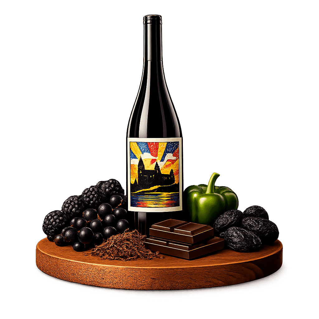 Artistic label and flavor profile for Slovak Alibernet on a rustic wooden table.