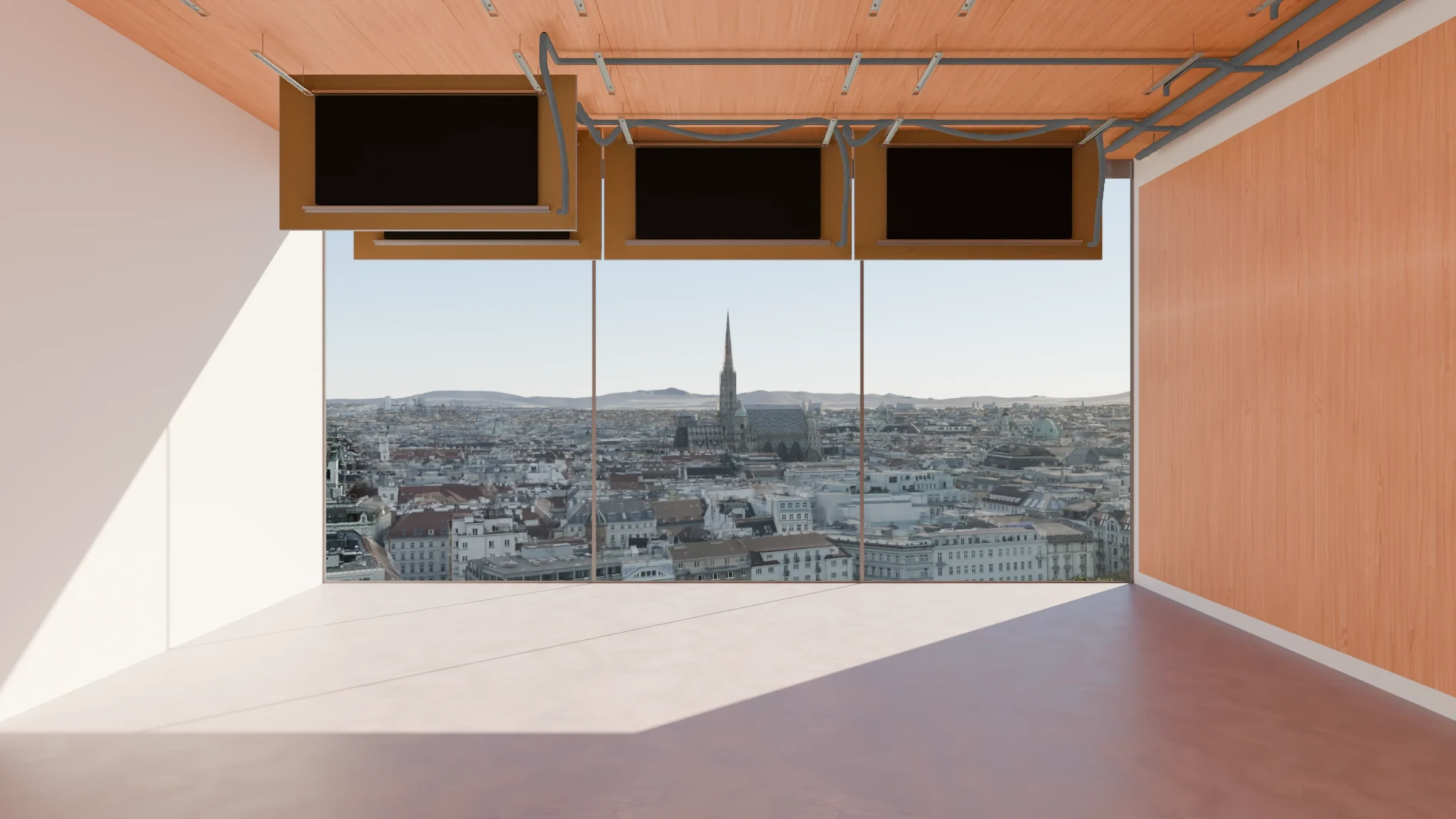abaton Kühldecke flächig in die Decke integriert in modernem Raum mit Blick zum Stephansdom