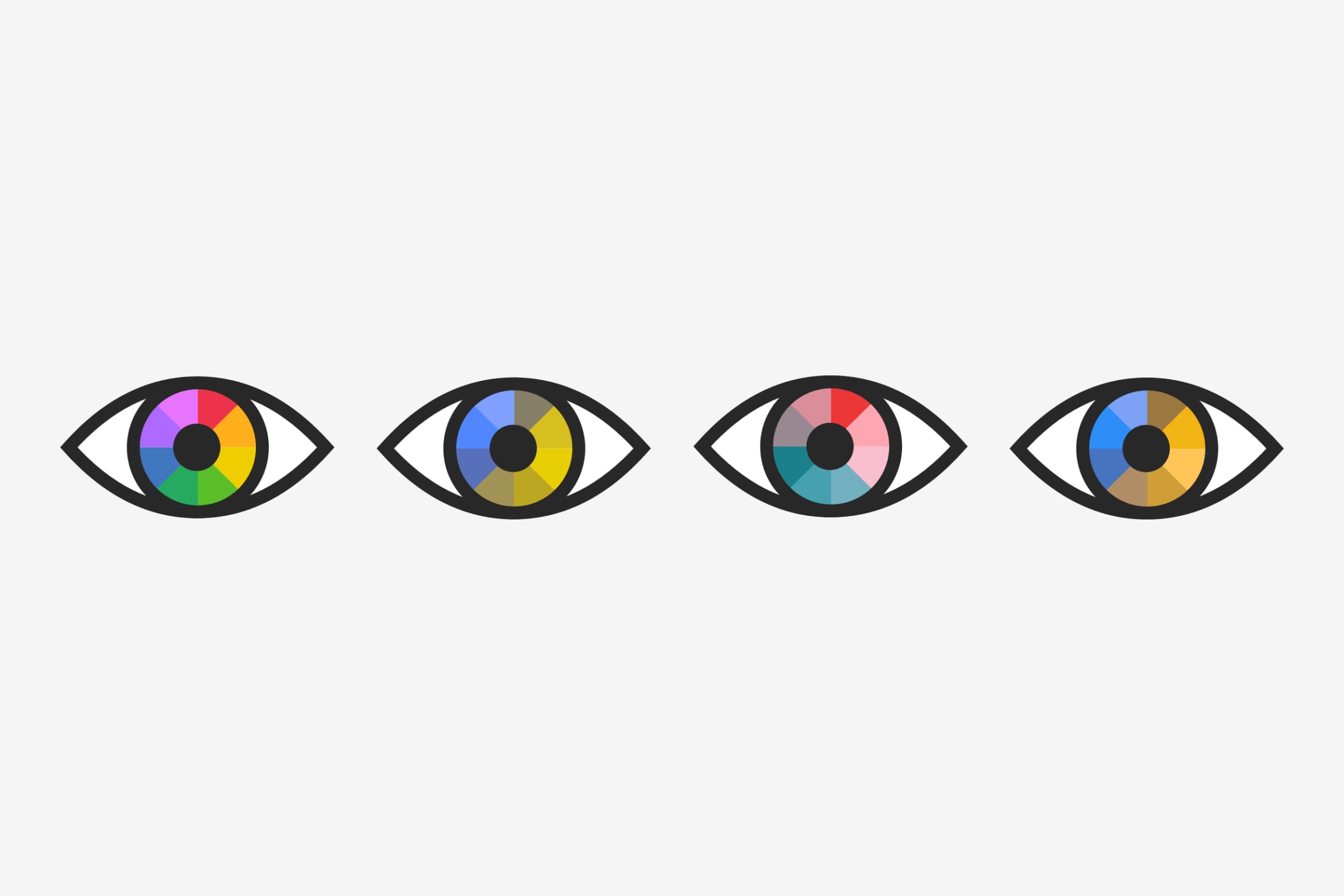 An illustration of four eyes side by side, each with different colours in their iris.