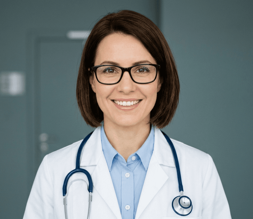 Smiling woman doctor with glasses and stethoscope, wearing a white coat, standing against a gray background. She conveys professionalism and friendliness.