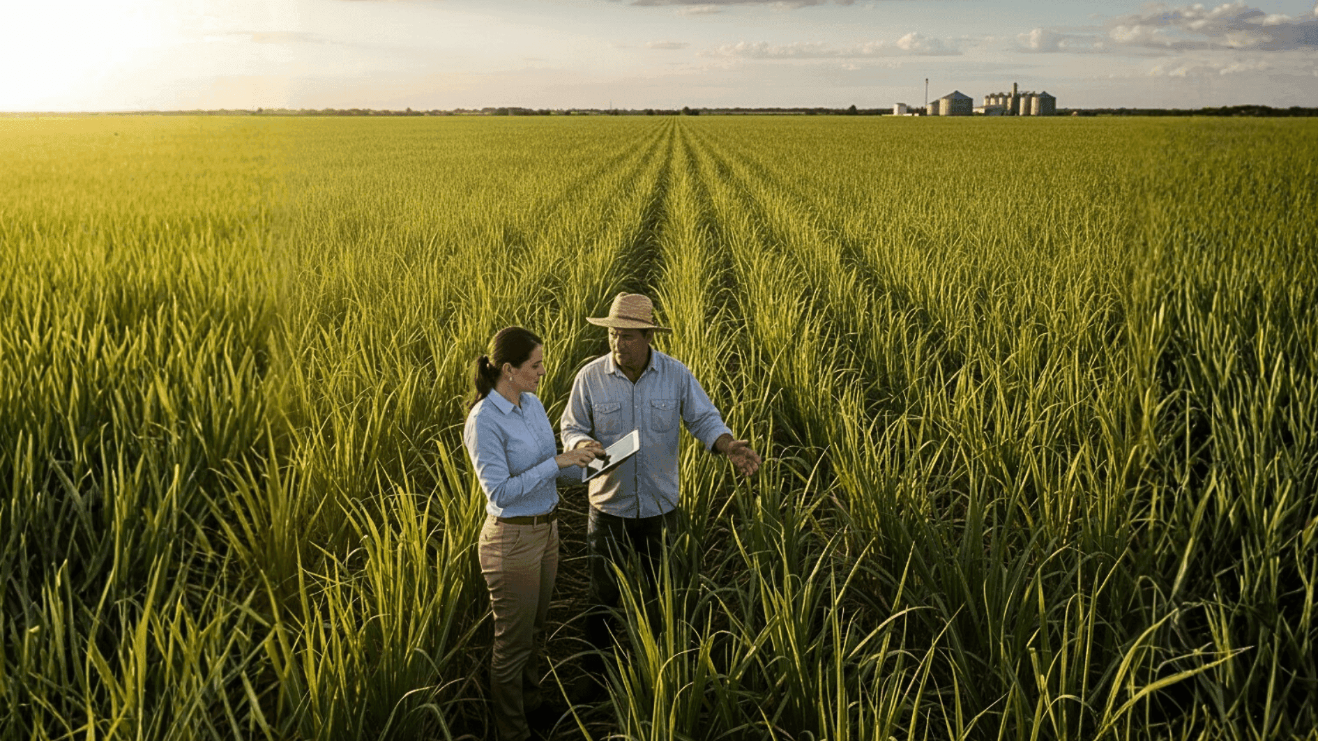 produtor e administradora em plantação de cana-de-açúcar discutindo gestão de LCDPR no campo.
