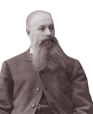 A sepia-toned vintage portrait of a bearded man with a full, long beard and receding hairline, wearing a three-piece suit with a high-collared shirt. His contemplative expression and classic 19th-century attire suggest a figure of intellectual or social prominence from the late 1800s. The plain background keeps the focus on his distinguished appearance, enhancing the historical ambiance.