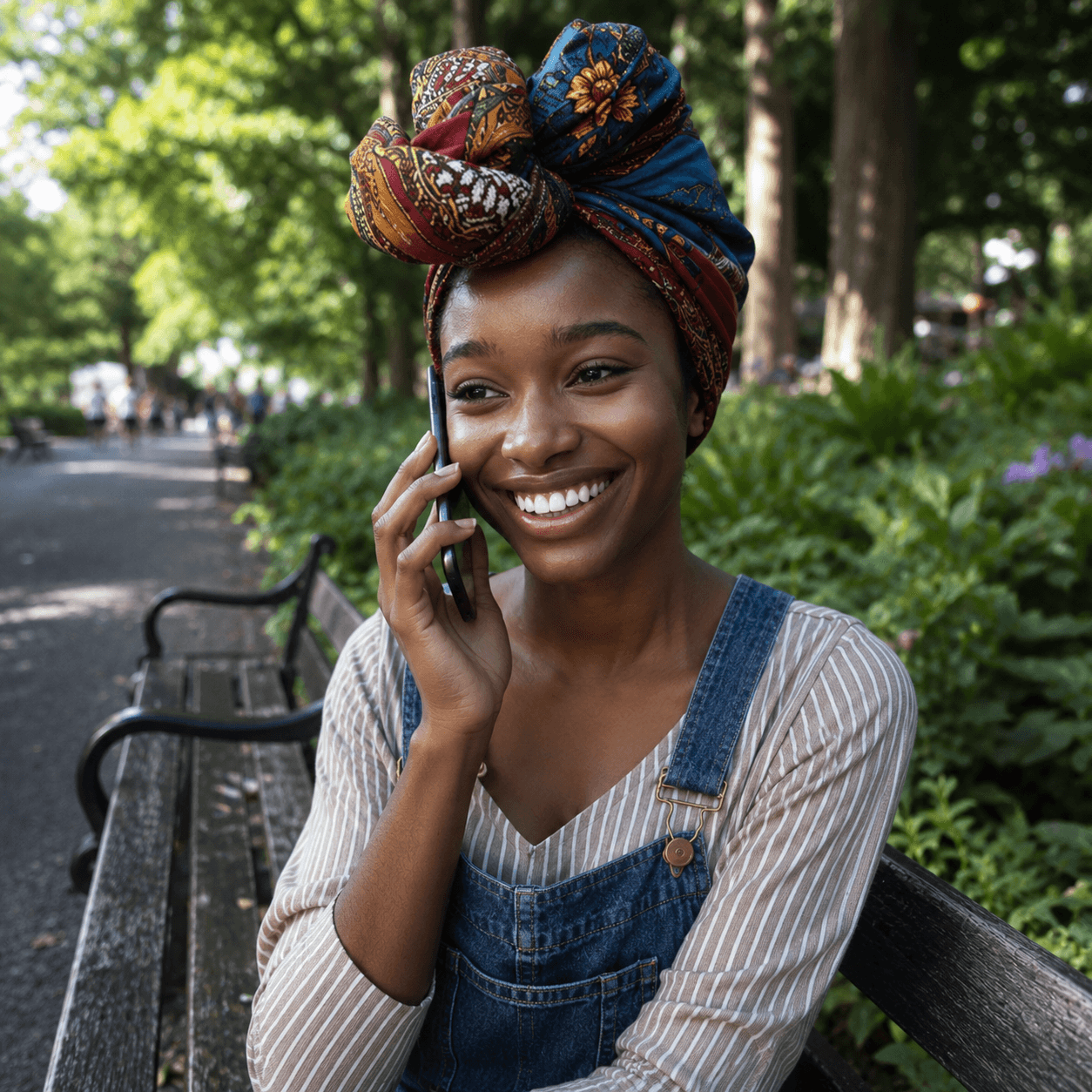 woman in an african head dress making a call in the park