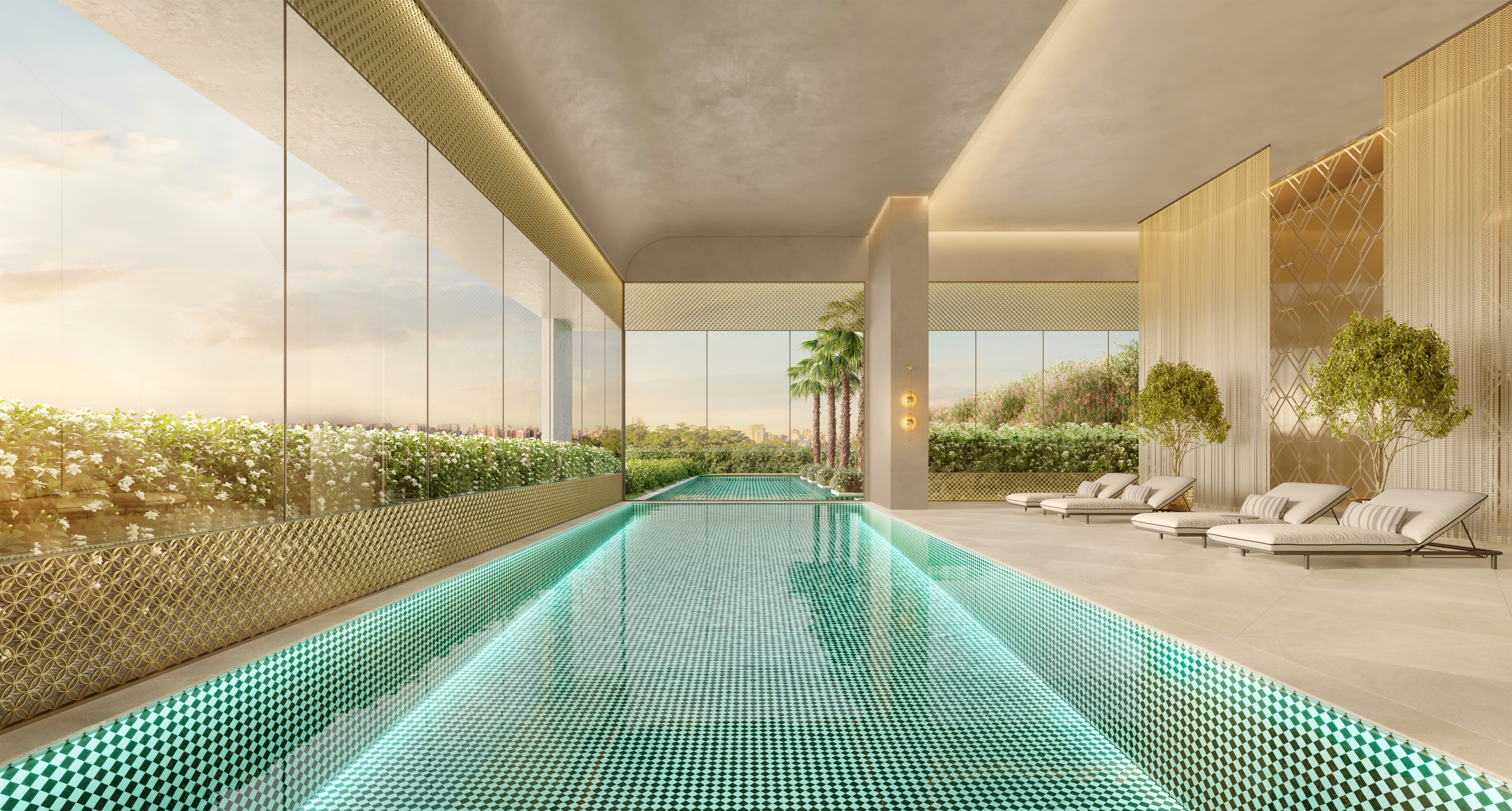 Curved modern skyscraper against a clear blue sky.